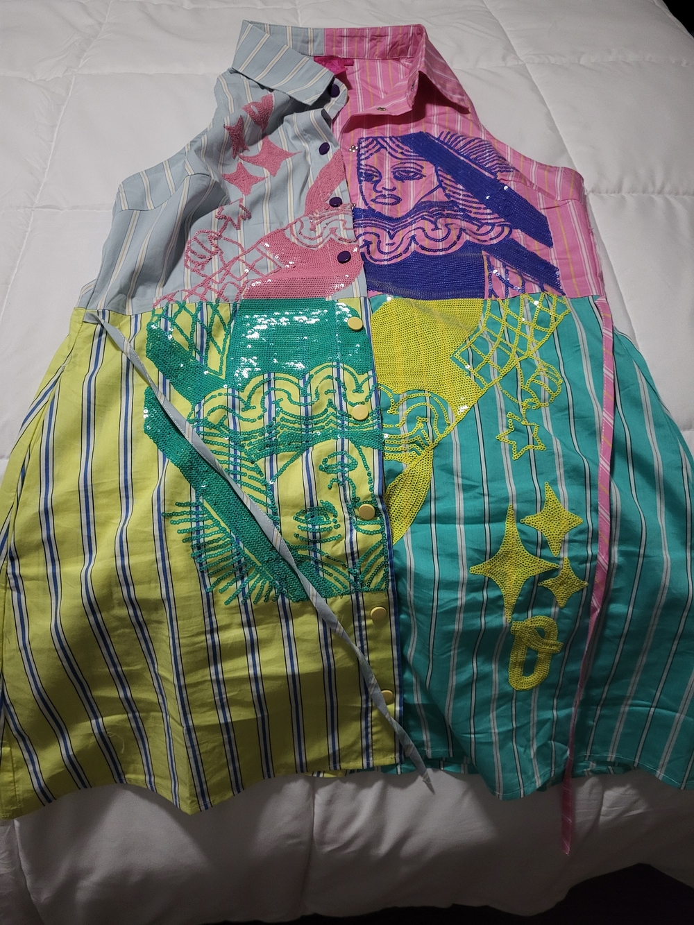 Queen Of Sparkles Colorblock Striped Button-Up Dress with Graphic Sequin